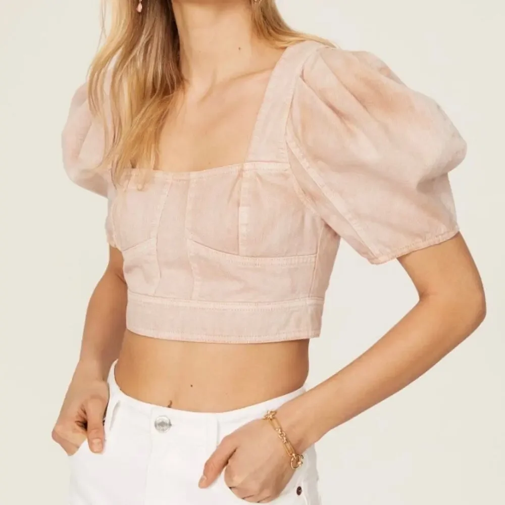 Ulla Johnson Renee Denim Bustier Puff Sleeve Crop Top - Sweetbriar - 6